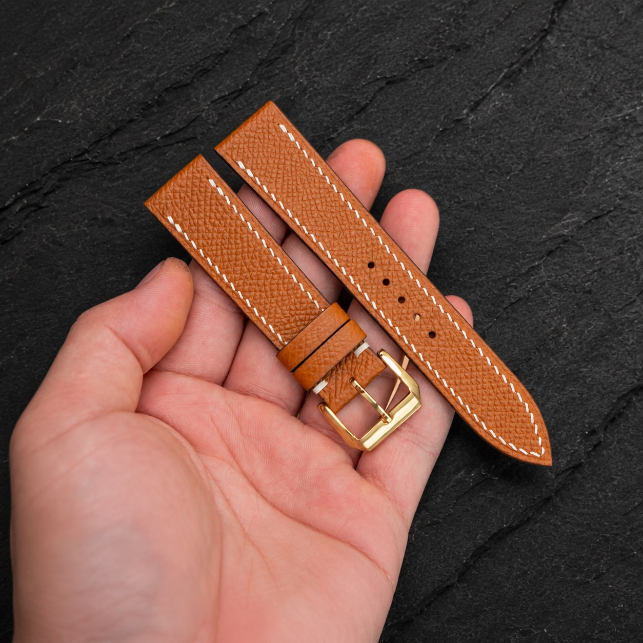 Flat Gold Caramel Epsom leather watch strap with cream stitching