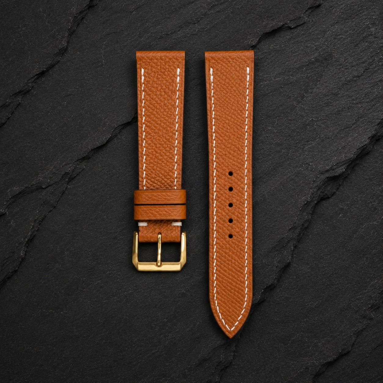 Flat Gold Caramel Epsom leather watch strap with cream stitching