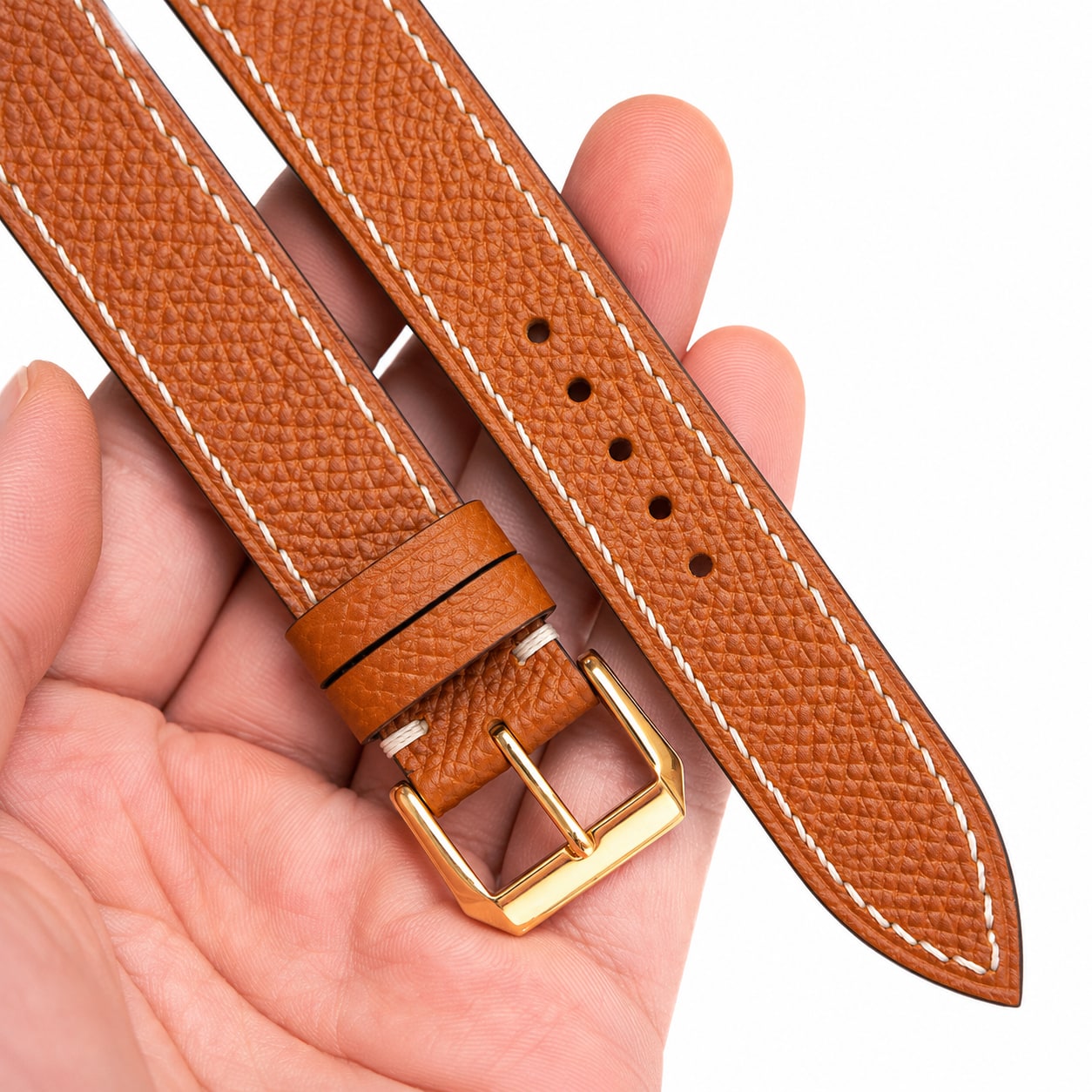 Flat Gold Caramel Epsom leather watch strap with cream stitching