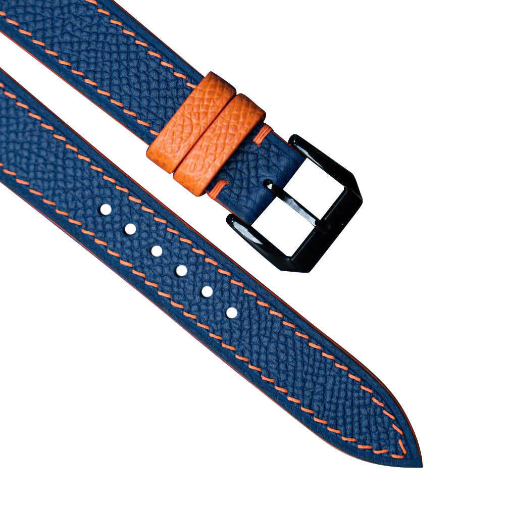 Navy Orange Epsom leather watch strap handmade