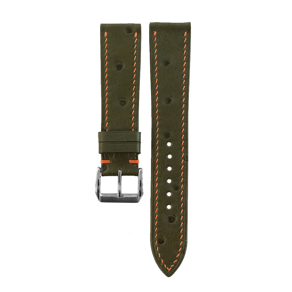 Flat Olive Green Ostrich leather watch strap - orange stitch