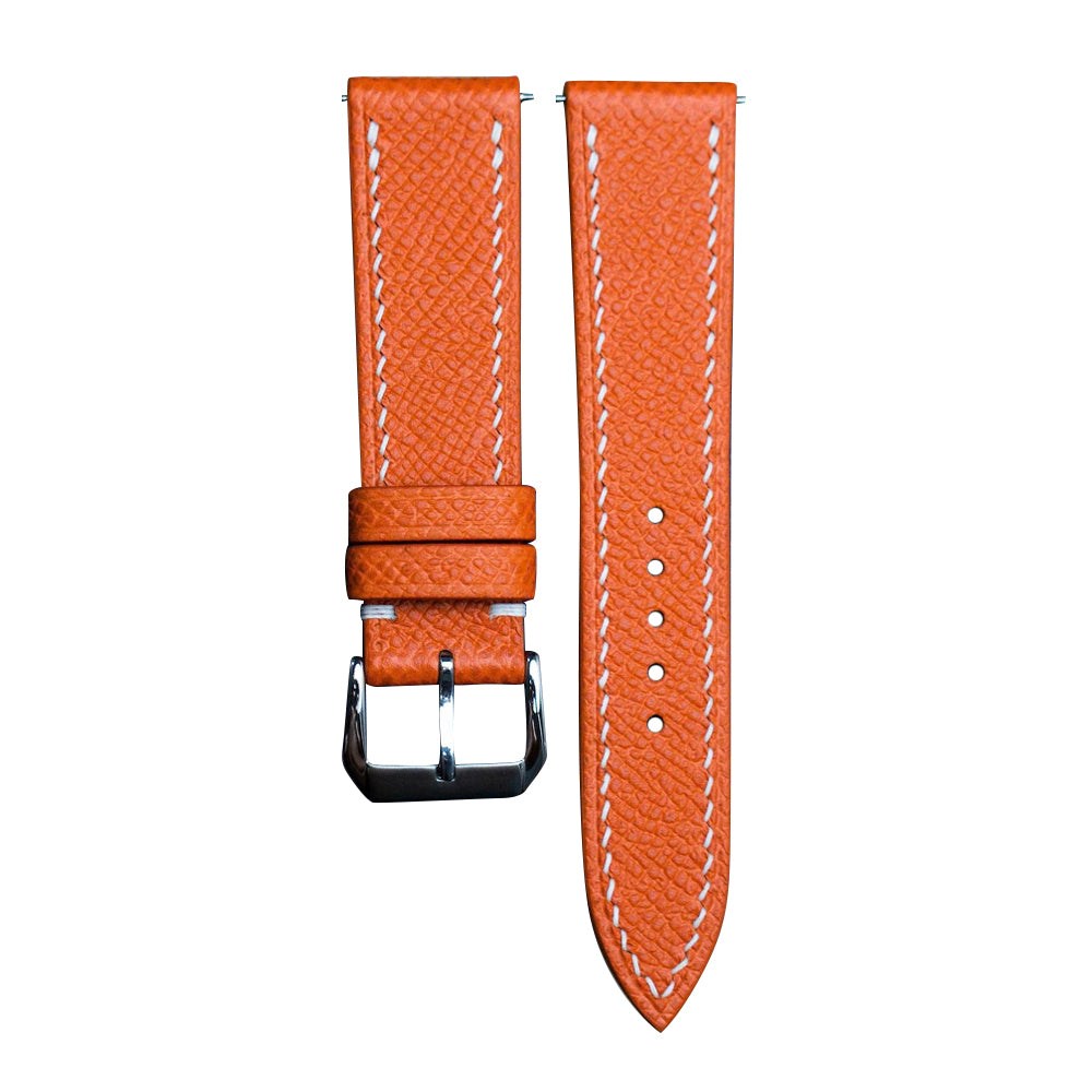 Flat Orange Epsom leather watch strap - white stitch