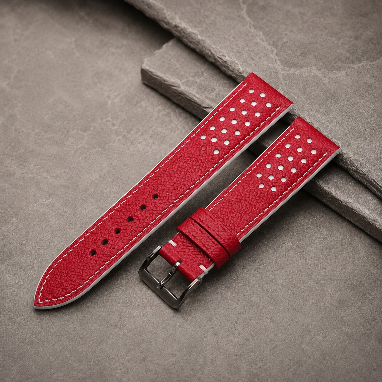 Red and White Racing Small Holes Rally Epsom Leather Watch Strap