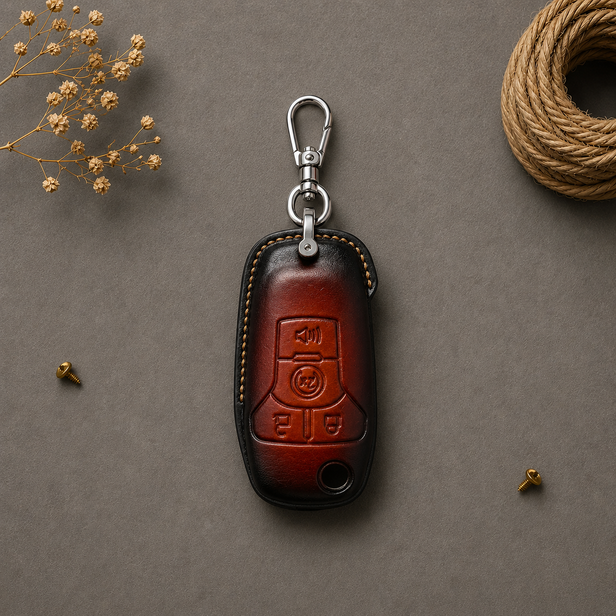 Ford Ranger leather flip key fob cover - brown patina with custom emboss