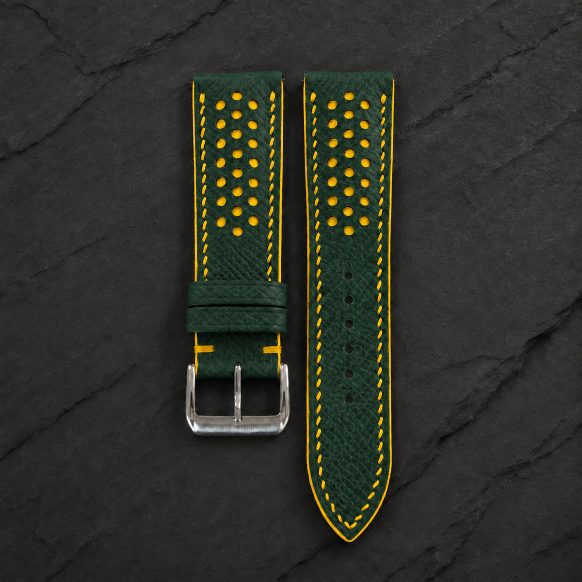 Forest Hunter Green and Yellow Racing Small Holes Rally Epsom Leather Watch Strap - front and back