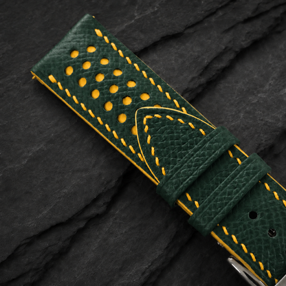 Forest Hunter Green and Yellow Racing Small Holes Rally Epsom Leather Watch Strap - racing holes with yellow underlay and stitching