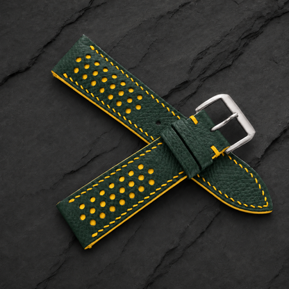 Forest Hunter Green and Yellow Racing Small Holes Rally Epsom Leather Watch Strap - crossed view