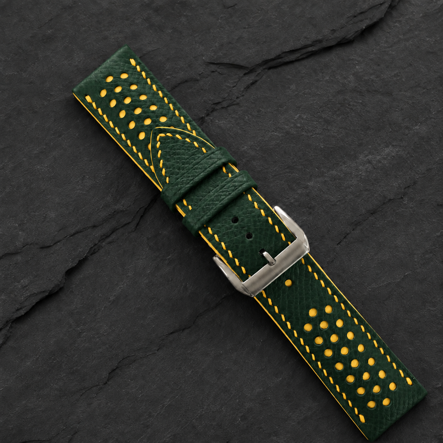 Forest Hunter Green and Yellow Racing Small Holes Rally Epsom Leather Watch Strap - assembled on buckle