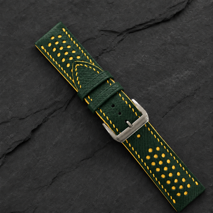 Forest Hunter Green and Yellow Racing Small Holes Rally Epsom Leather Watch Strap - assembled on buckle
