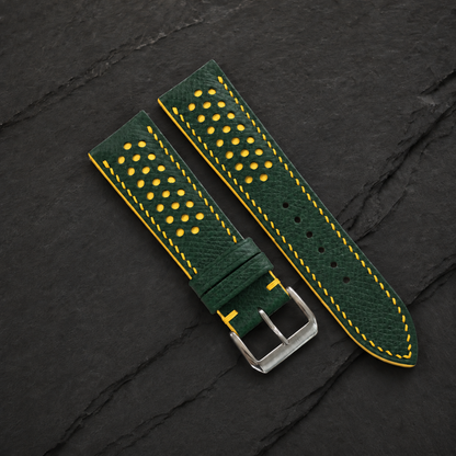 Forest Hunter Green and Yellow Racing Small Holes Rally Epsom Leather Watch Strap - two piece layout