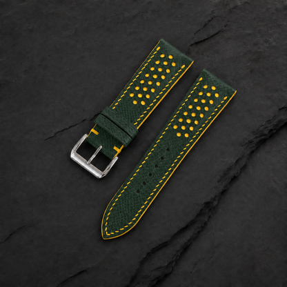Forest Hunter Green and Yellow Racing Small Holes Rally Epsom Leather Watch Strap - diagonal detail