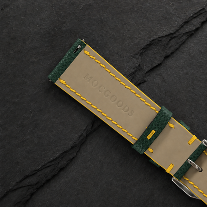 Forest Hunter Green and Yellow Racing Small Holes Rally Epsom Leather Watch Strap - underside and lining