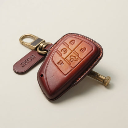 Personalized GMC Sierra Denali leather key fob cover - patina leather with custom engraving