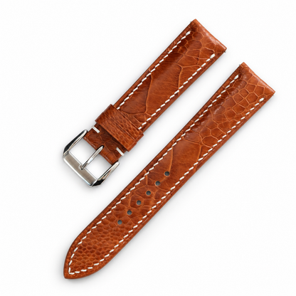Golden Cognac Large Scale Ostrich Leg strap two-piece diagonal view