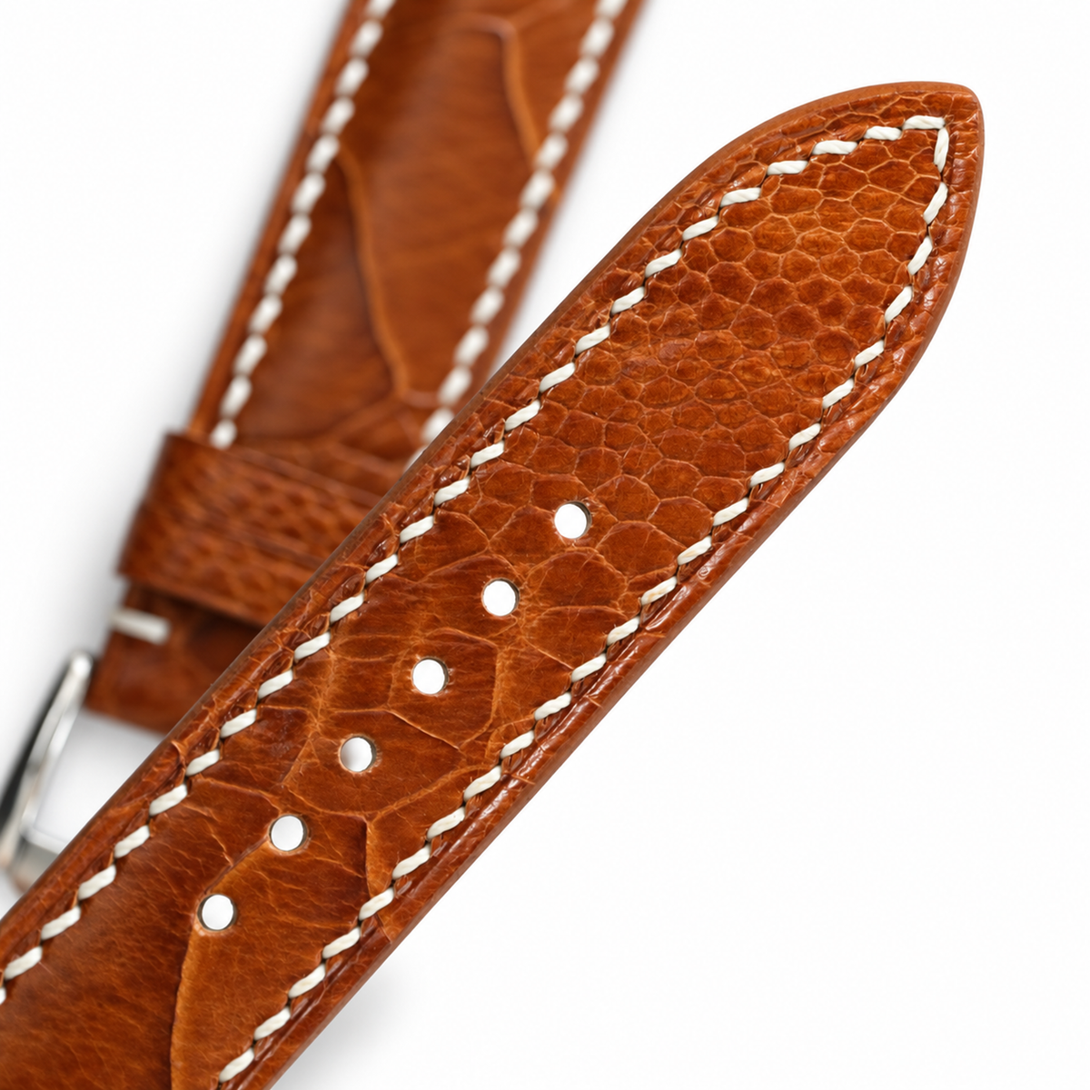 Golden Cognac Large Scale Ostrich Leg strap macro tip and sizing holes