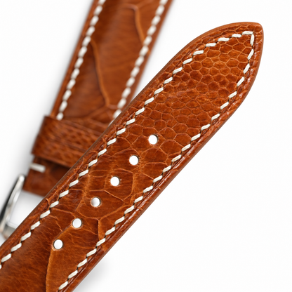 Golden Cognac Large Scale Ostrich Leg strap macro tip and sizing holes