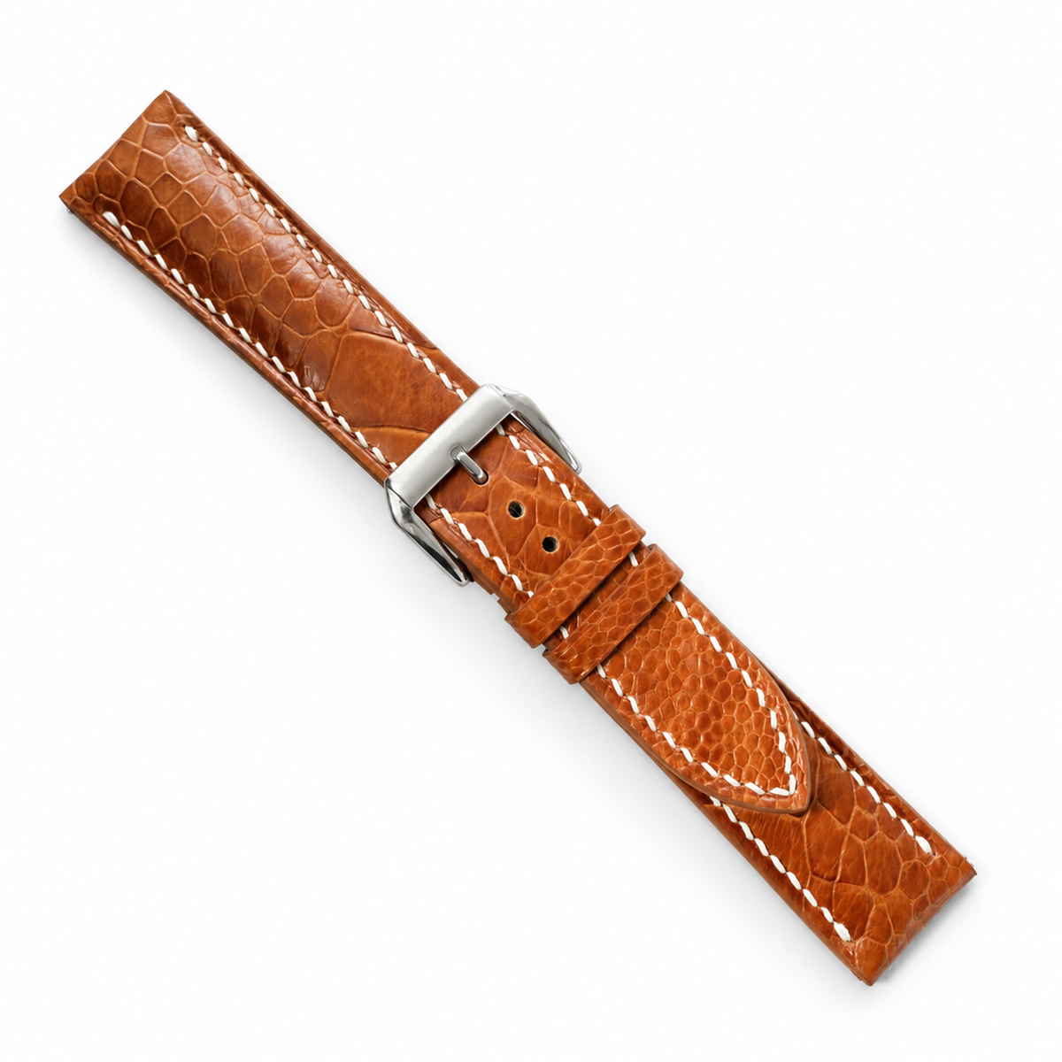 Golden Cognac Large Scale Ostrich Leg strap assembled buckle close-up