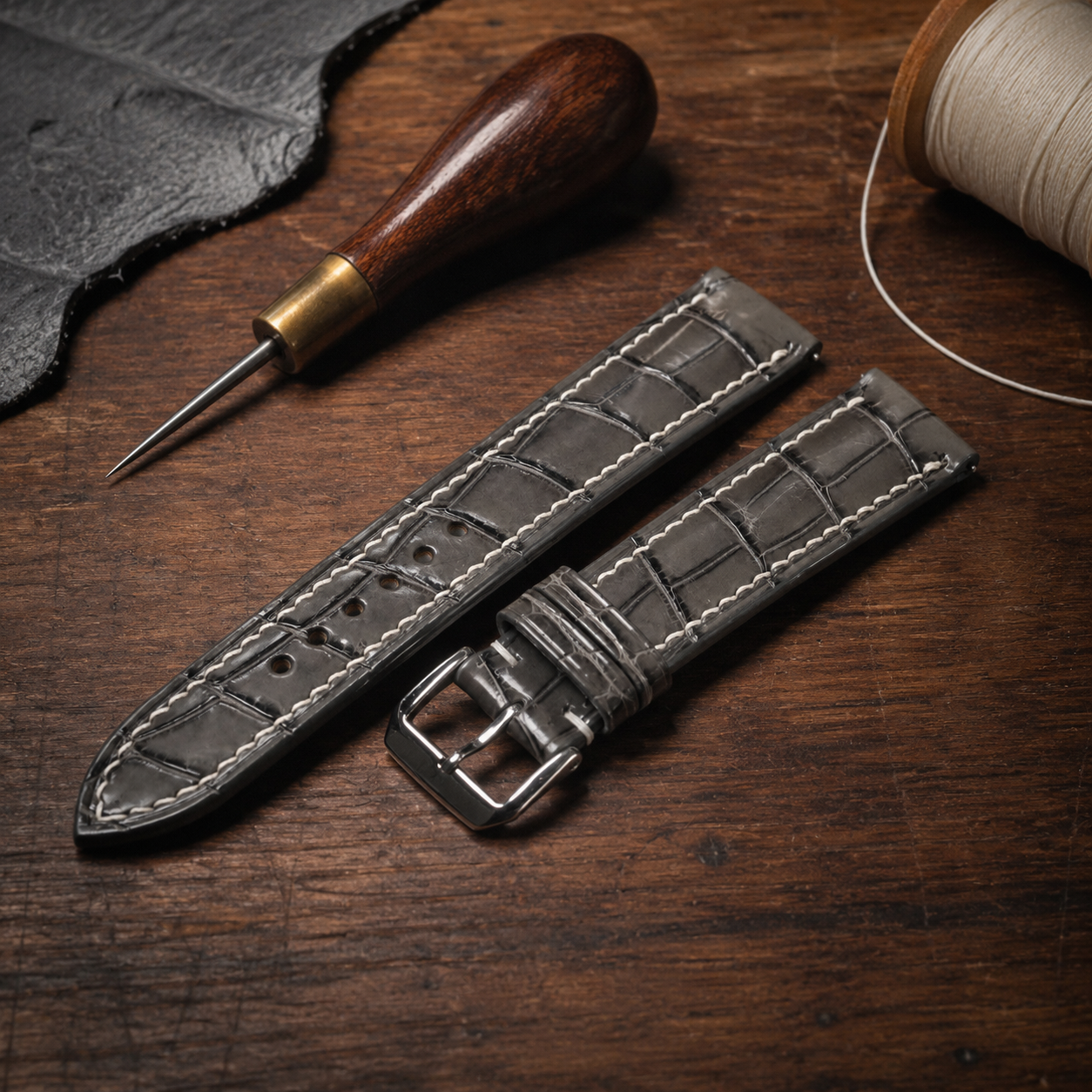 Gray Alligator Leather Watch Strap