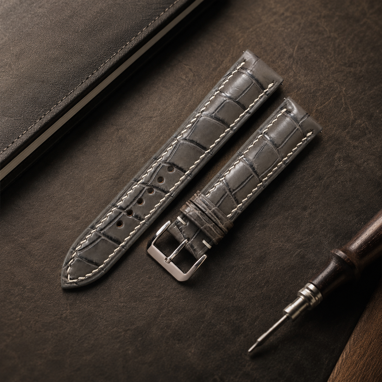Gray Alligator Leather Watch Strap