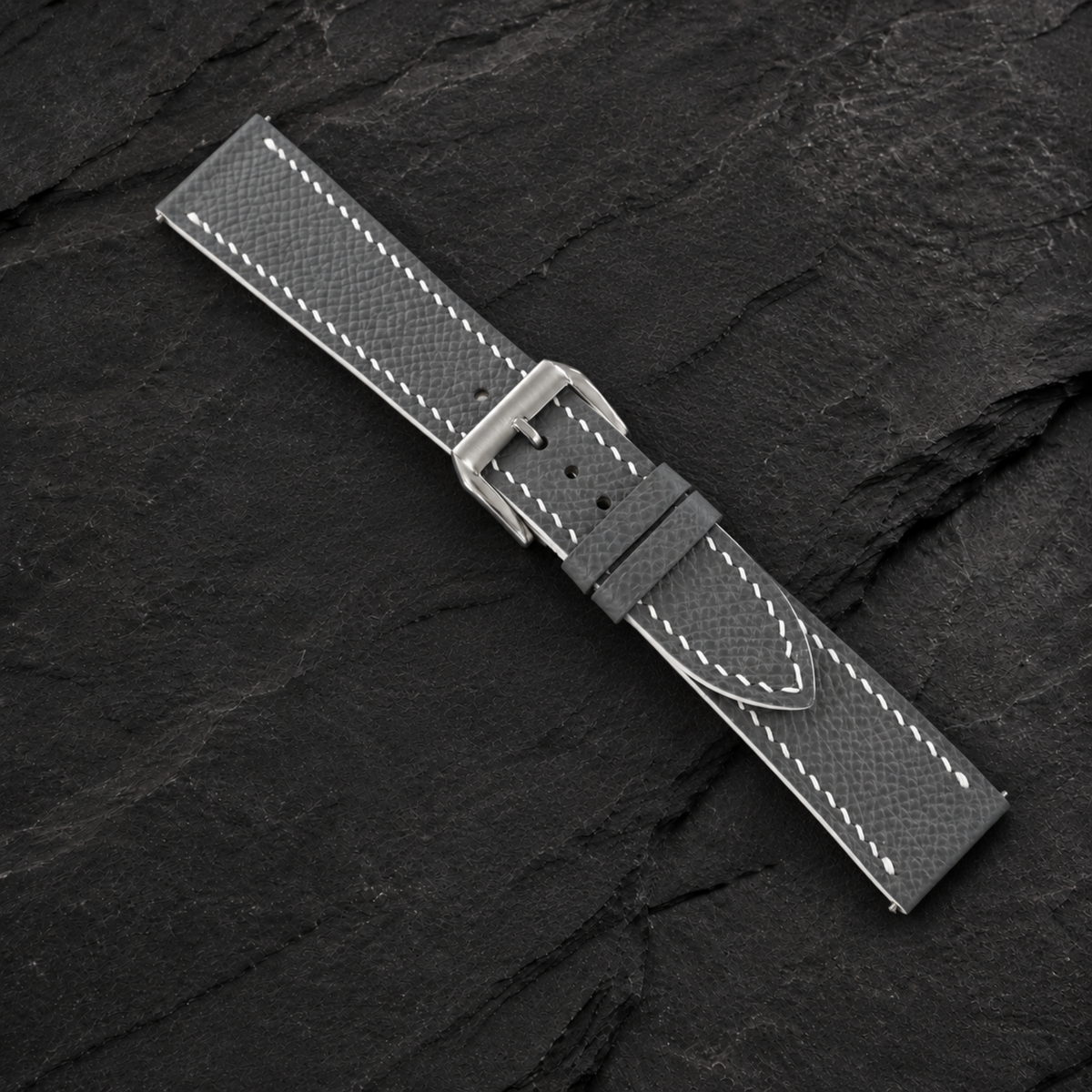 Padded Gray Epsom Leather Watch Strap - white contrast stitching
