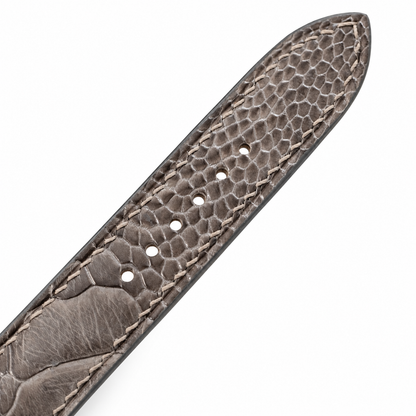 Gray Ostrich Leg strap macro tip and sizing holes