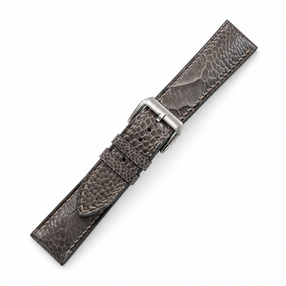 Gray Ostrich Leg strap assembled buckle close-up