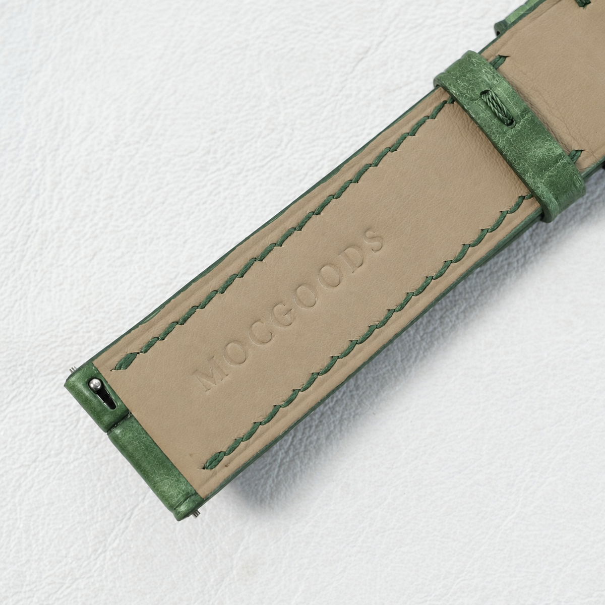 Green Pueblo Leather Watch Strap - padded leather lining with MocGoods emboss