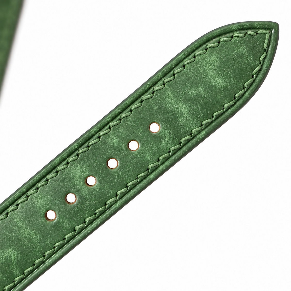 Green Pueblo Leather Watch Strap - tapered tip and adjustment holes detail