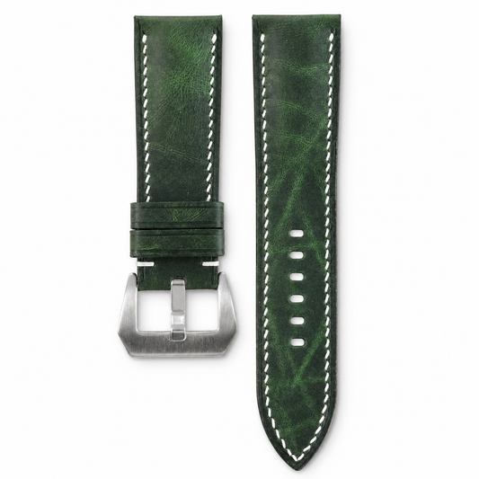 Green Waxed leather watch strap - cream stitch