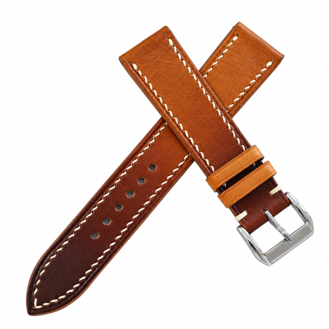 Hand-Patina Cognac Brown Veg-Tanned Leather Watch Strap - patina shading detail