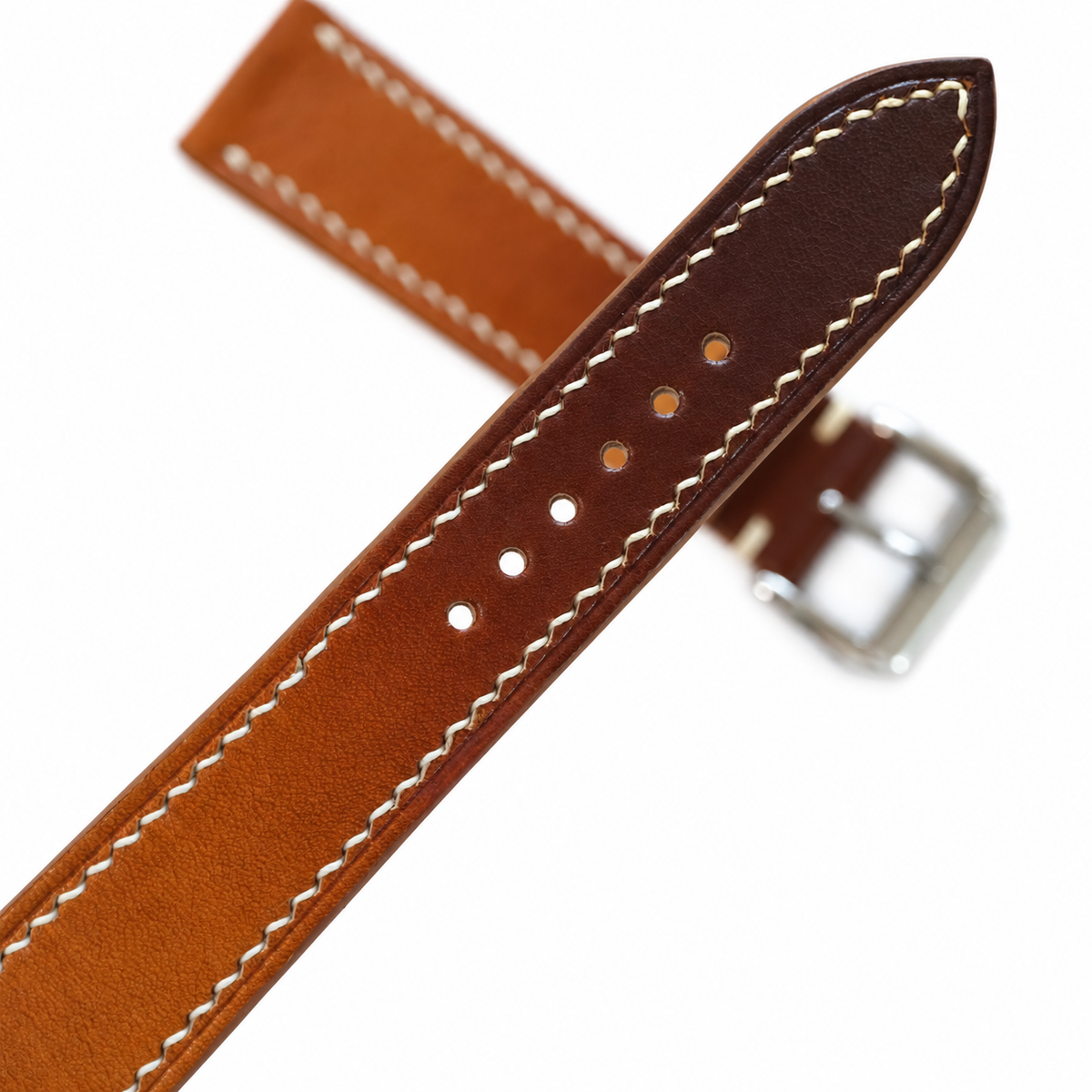 Hand-Patina Cognac Brown Veg-Tanned Leather Watch Strap - buckle and edge