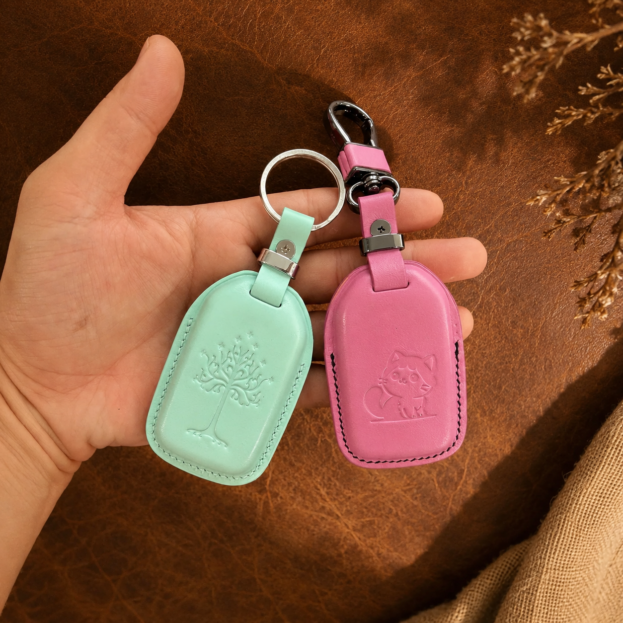 Honda CR-V leather key fob cover - pink and turquoise with Honda emblem