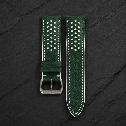 Hunter Green and White Racing Small Holes Rally Epsom Leather Watch Strap - front and back
