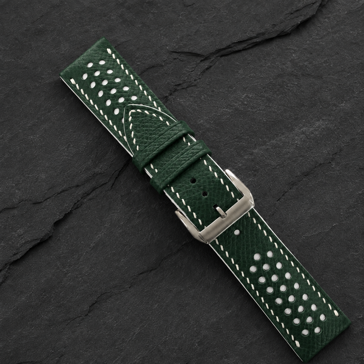 Hunter Green and White Racing Small Holes Rally Epsom Leather Watch Strap - assembled on buckle