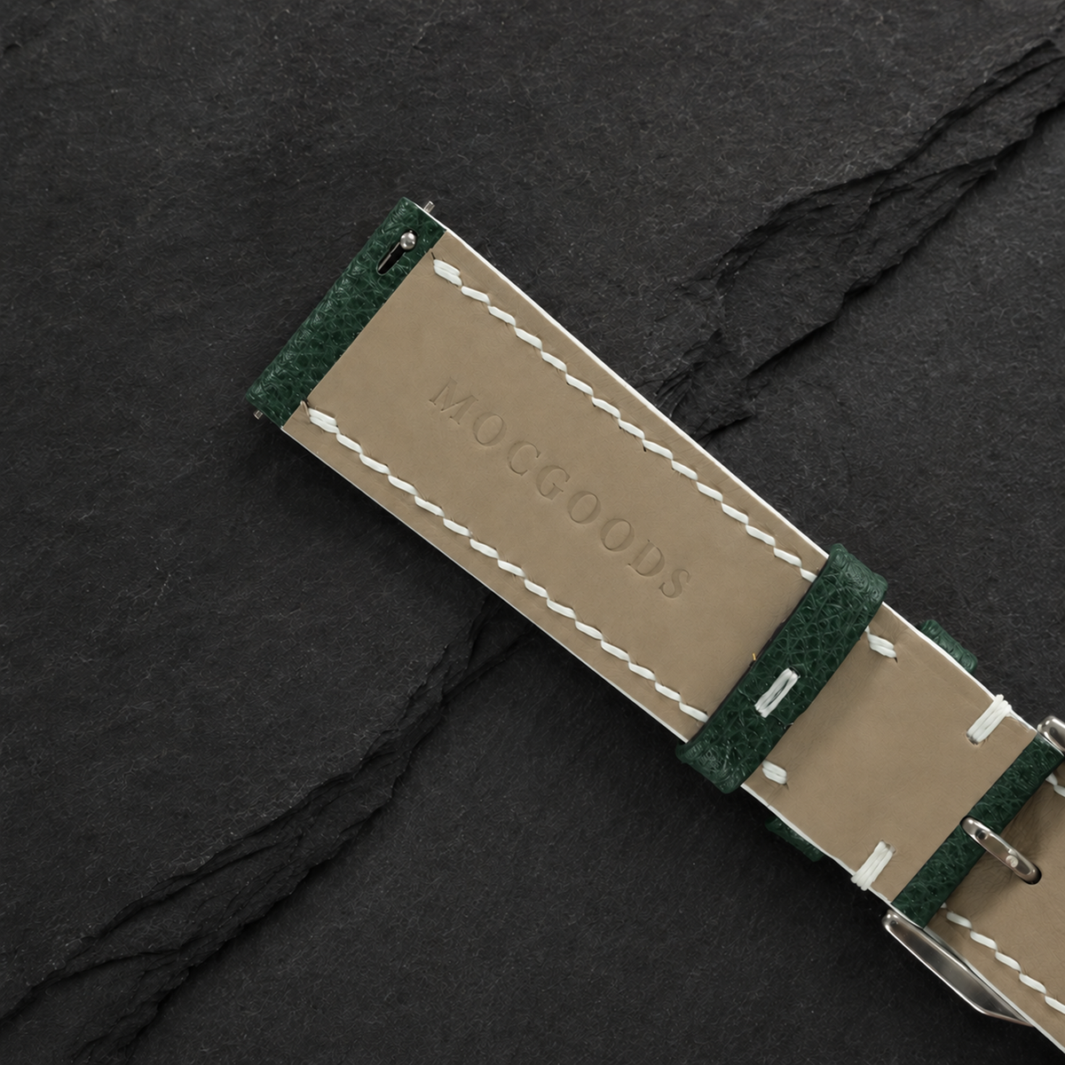 Hunter Green and White Racing Small Holes Rally Epsom Leather Watch Strap - underside and lining