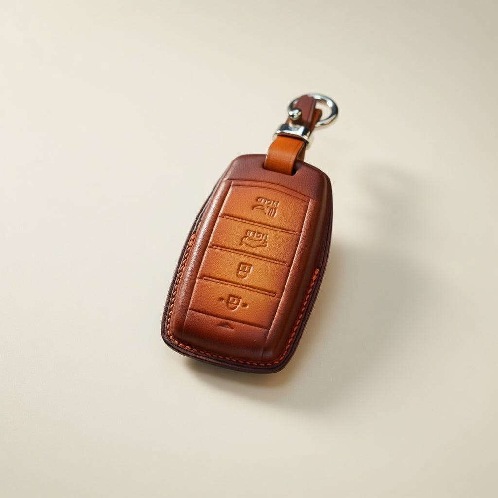 Hyundai leather key fob cover - patina brown front detail