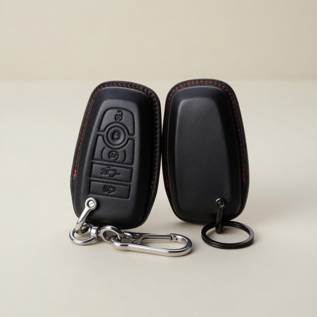 Ford Mustang leather key fob cover — front and back 3D view with red saddle stitch