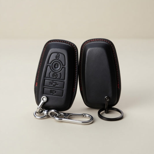 Handcrafted leather key fob cover - front and back 3D view - made by Moc Goods