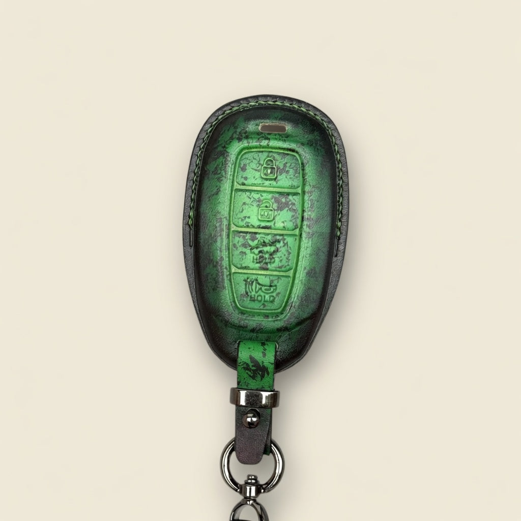 Hyundai Ioniq leather key fob cover — green speckled patina
