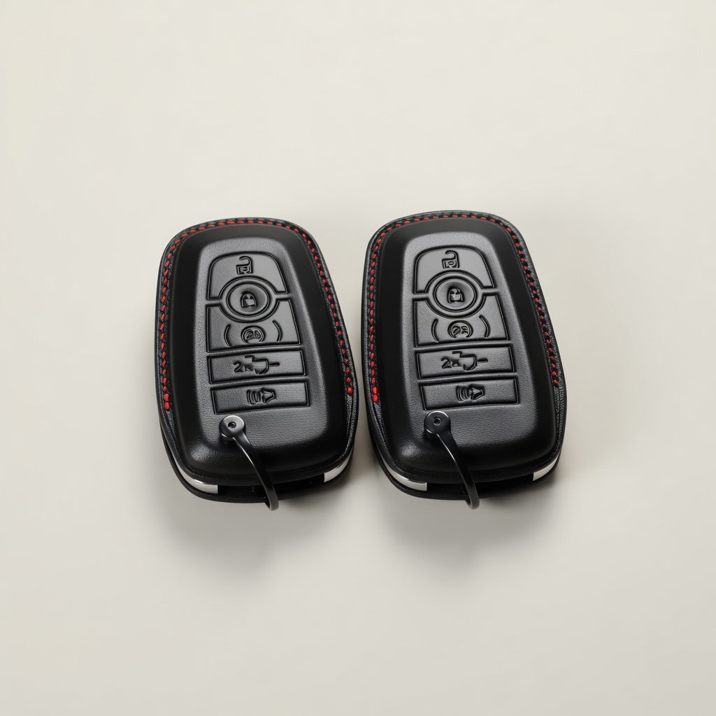 Ford Mustang Shelby leather key fob — front button layout pair