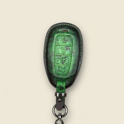 Hyundai Ioniq leather key fob cover — green speckled patina