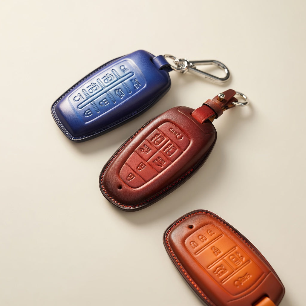 Hyundai Sonata Nexo leather key case — navy, oxblood, orange