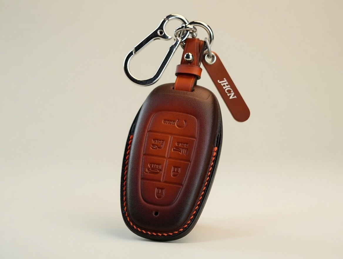 Hyundai Santa Fe Ioniq leather key fob case — 7-button close-up