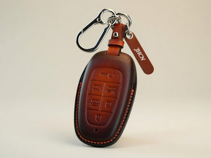 Hyundai Santa Fe Ioniq leather key fob case — 7-button close-up