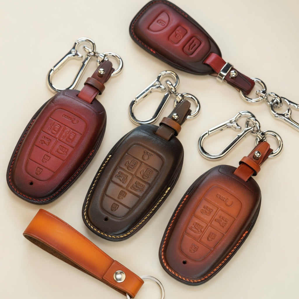 Hyundai leather key fob colors — red wine, chocolate brown, orange