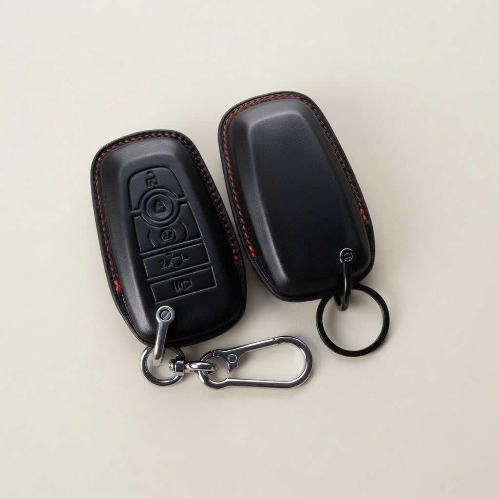 Shelby leather key fob cover — silver and black ring hardware variants