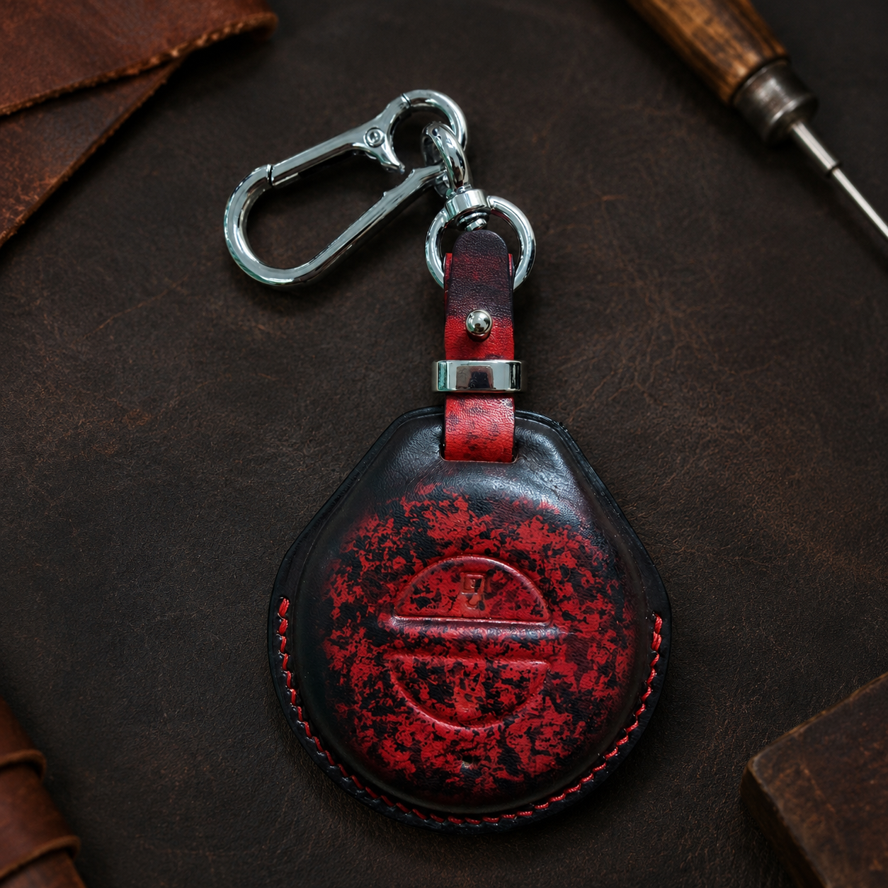 Indian Chief leather key fob cover back - hand-stitched red edge