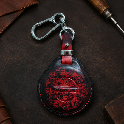Indian Chief leather key fob cover back - hand-stitched red edge