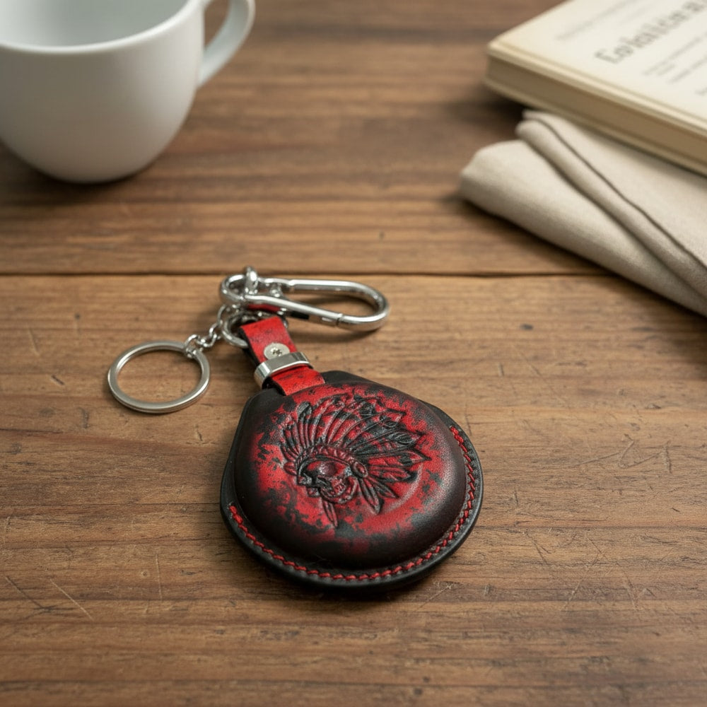 Handmade Indian Chief leather key fob cover - flat lay on wood