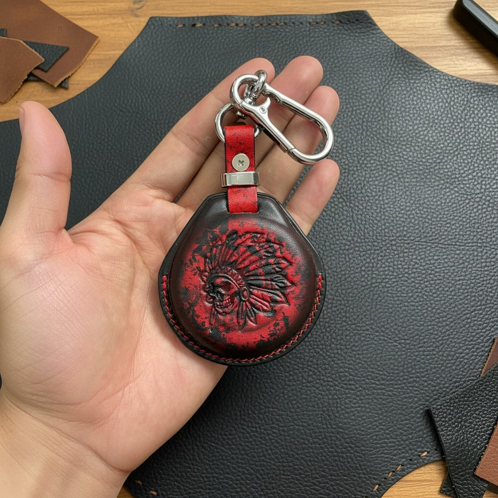 Indian Chief leather key fob cover on leather hide
